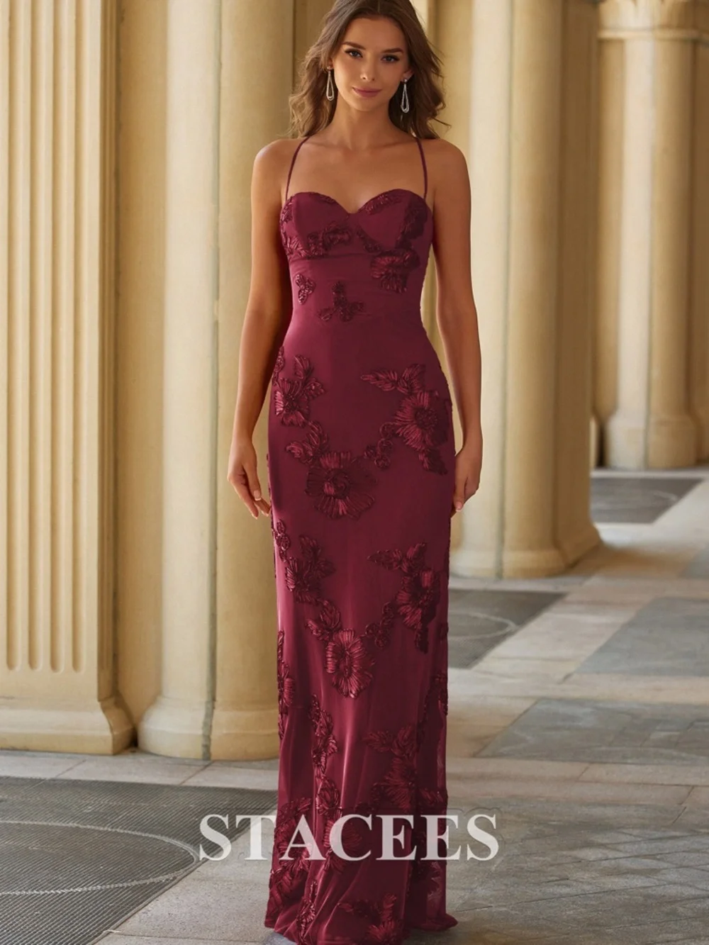 Stacees Burgundy Fitted Floral Jacquard Spaghetti Strap Prom Gown with Open Back - Picture 3 of 6